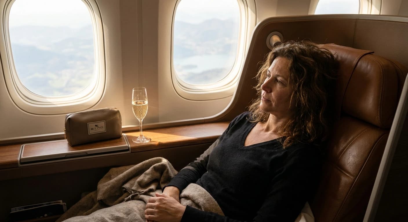 Lie-flat business class cabin with premium bedding and Italian-inspired dining service