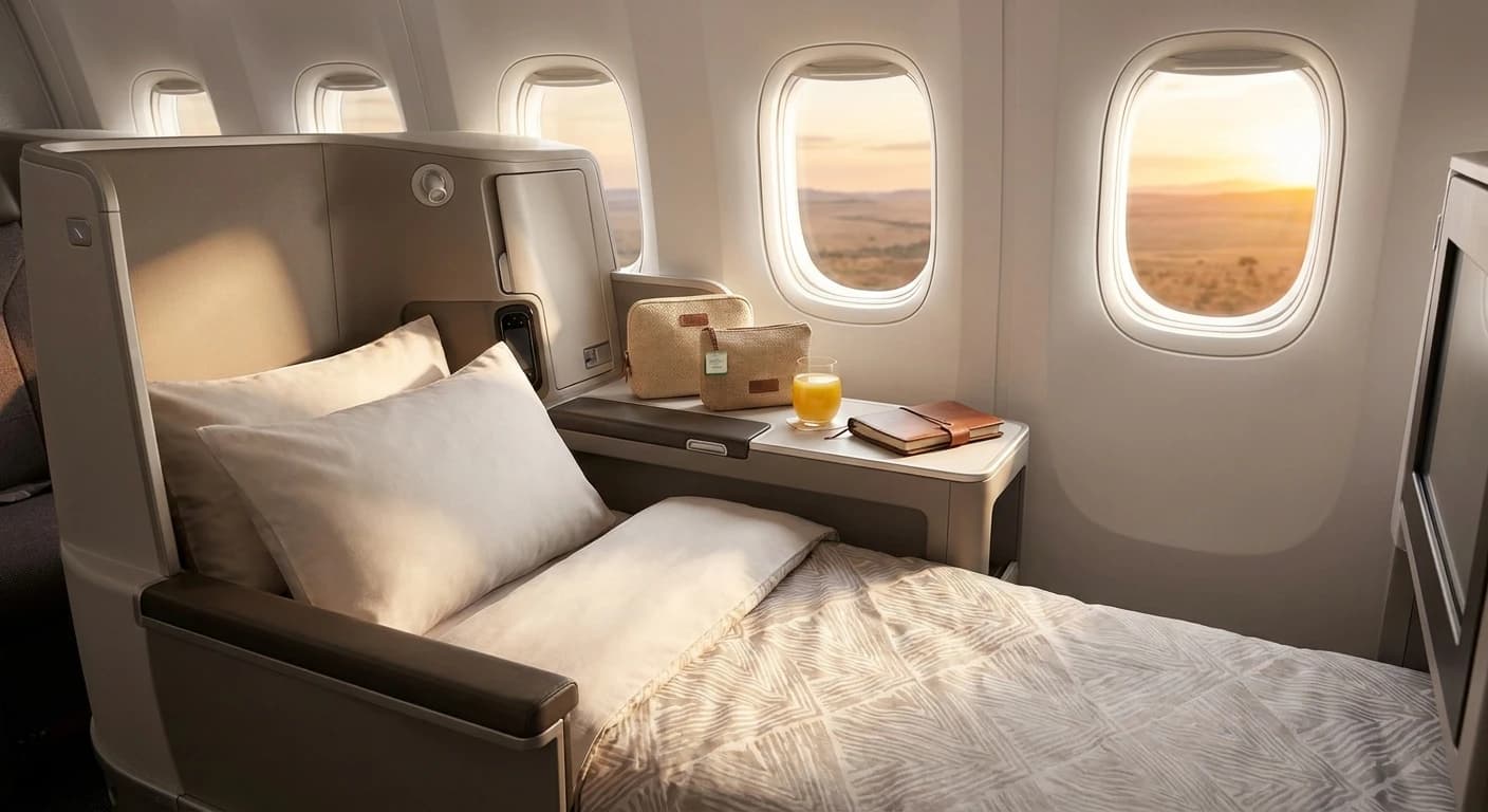 Business class lie-flat cabin with premium bedding and amenity kit for long-haul Africa travel