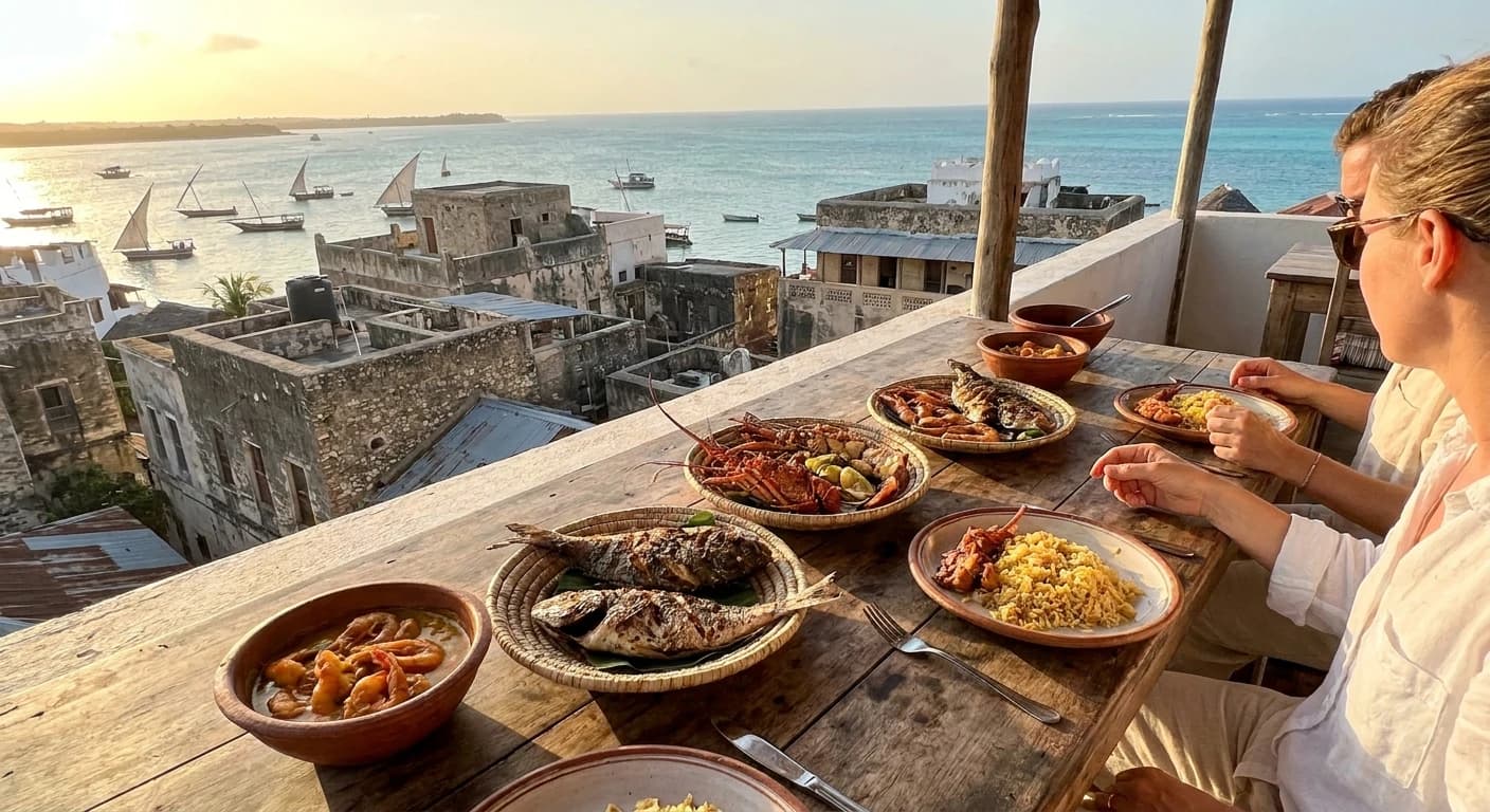Fresh Swahili seafood and spiced rice dishes served on a rooftop terrace overlooking Lamu old town