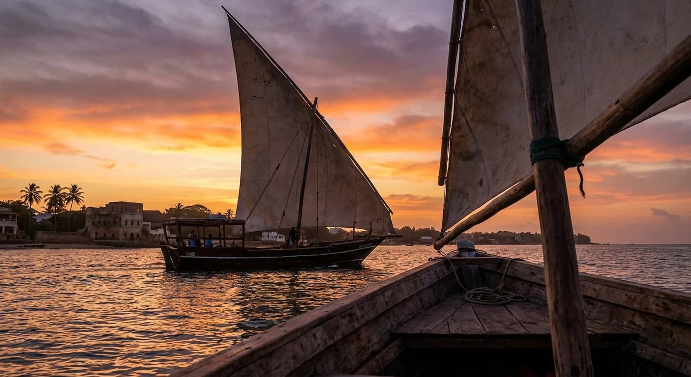 Traditional dhow sailing on the Indian Ocean at sunset near Lamu Island, Kenya