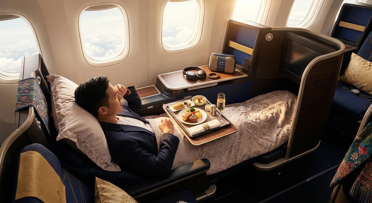 Malaysia Airlines business class cabin with lie-flat seat and premium amenities