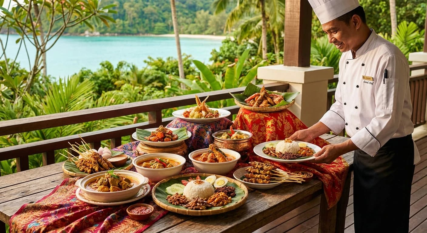 Traditional Malaysian cuisine served at a luxury resort in Langkawi