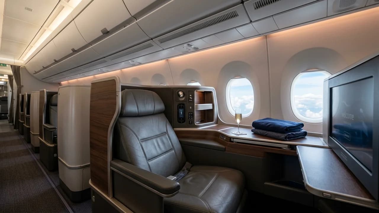 Cyprus Airways business class cabin with lie-flat suite and premium amenities