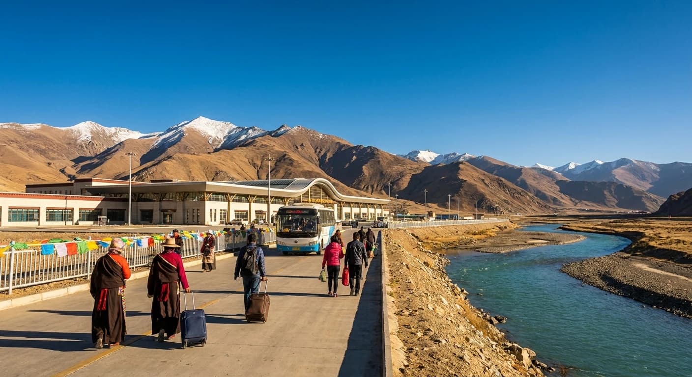 Lhasa Gonggar Airport with Tibetan Plateau landscape