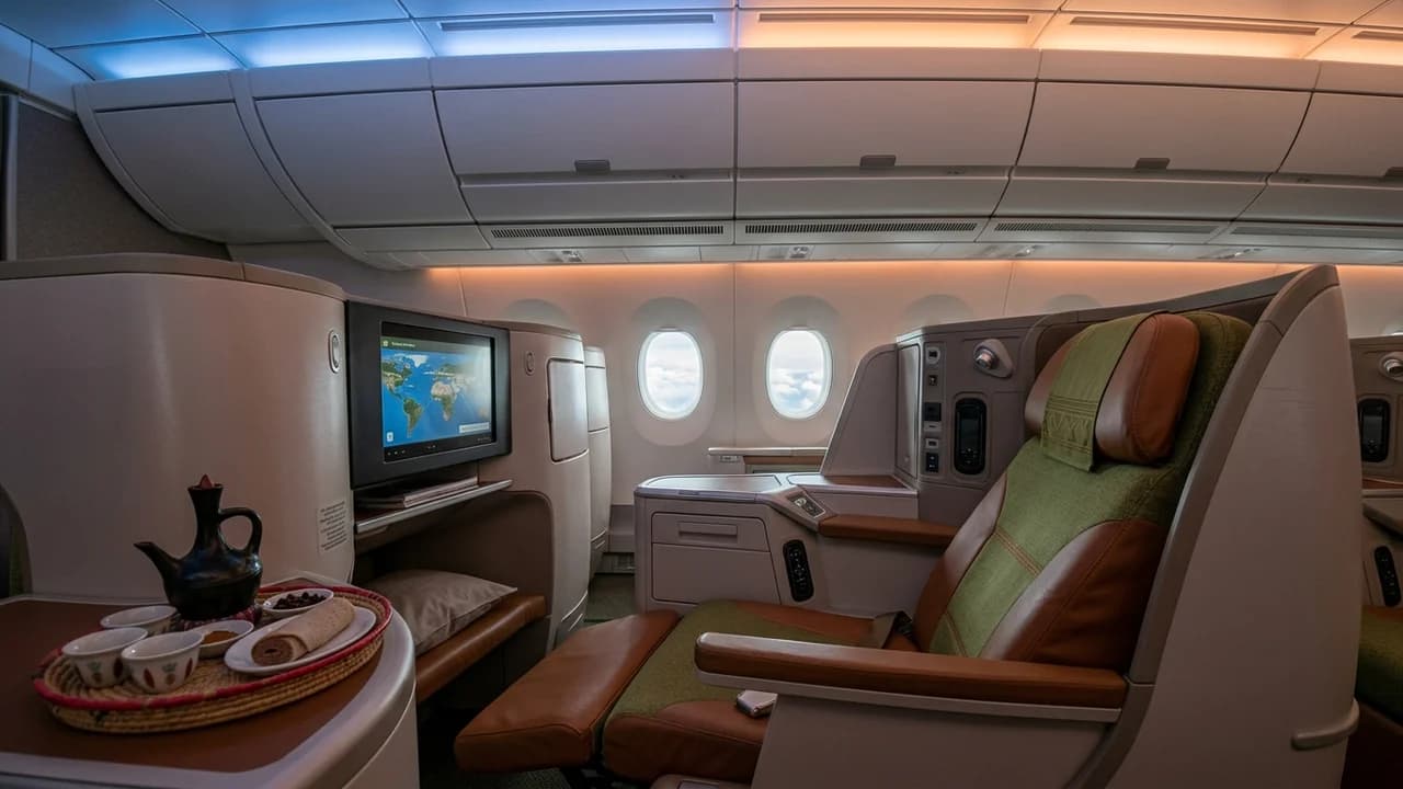 Ethiopian Airlines business class cabin with lie-flat suite and premium amenities