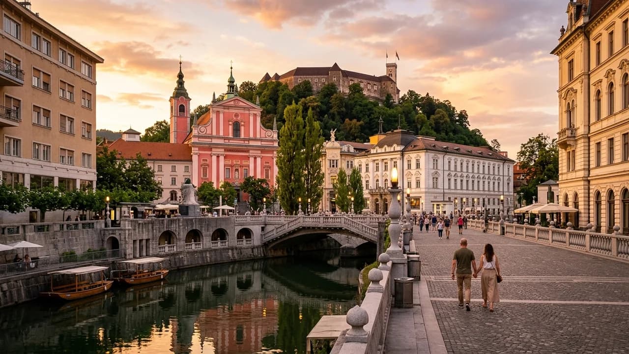 Iconic landmark in Ljubljana, Slovenia at golden hour
