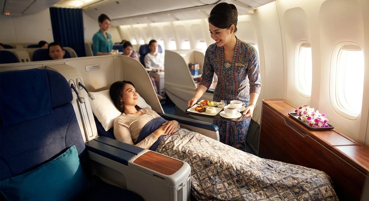 Garuda Indonesia business class cabin with lie-flat seat and premium Indonesian service