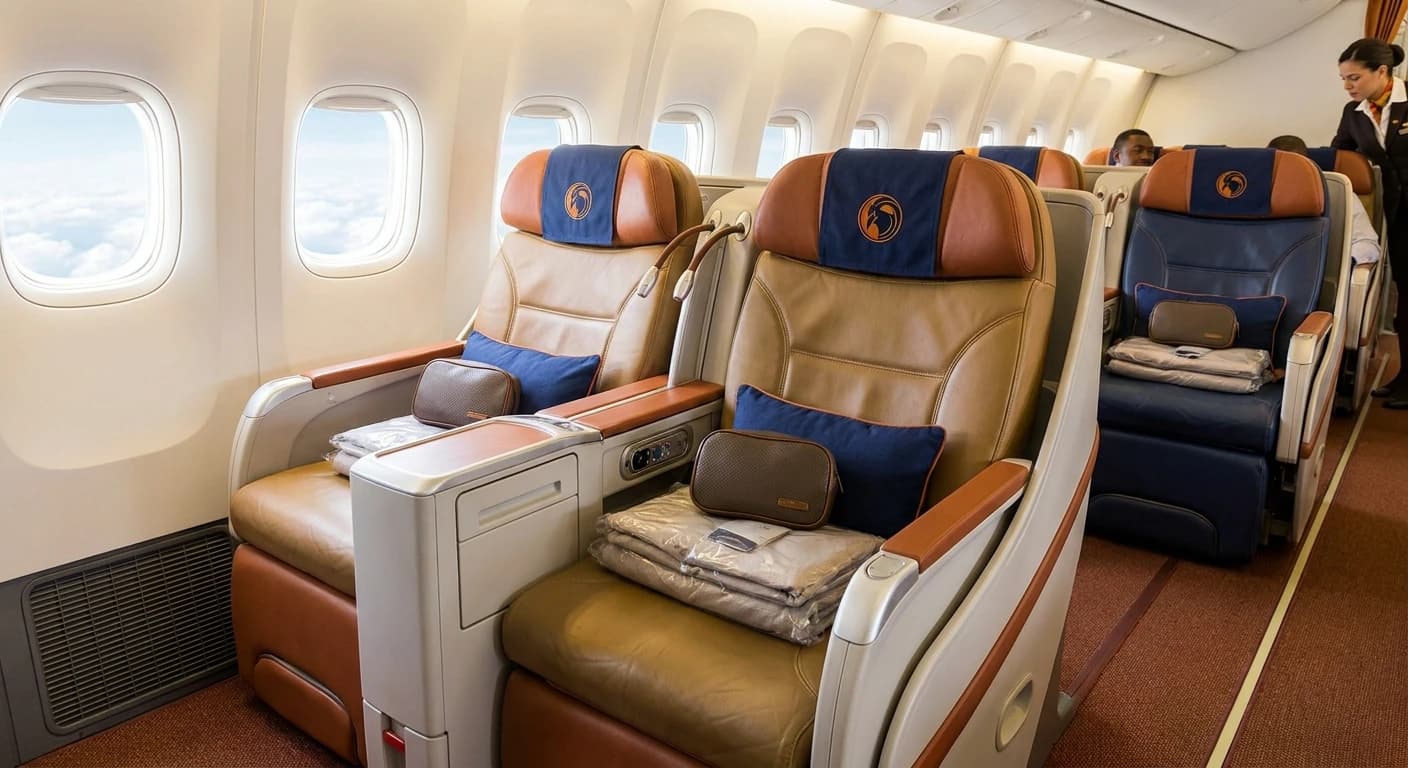 TAAG Angola Airlines business class cabin with premium seating and amenities