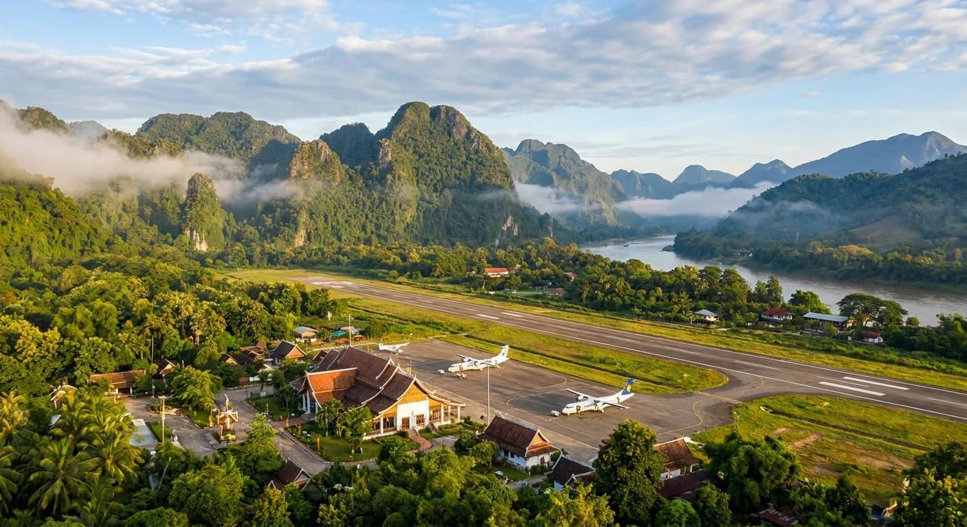 Scenic Luang Prabang airport nestled among lush mountains
