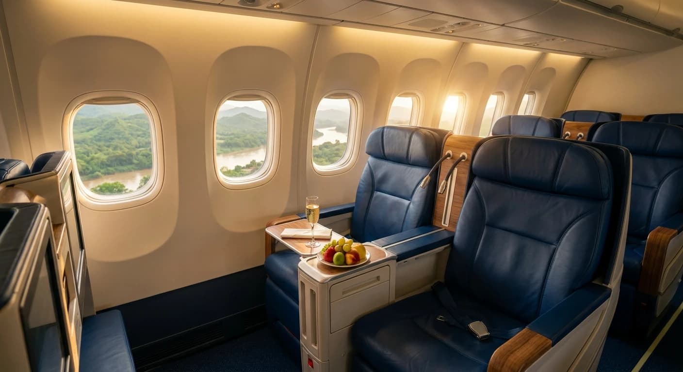 Premium business class cabin on flight connecting to Luang Prabang