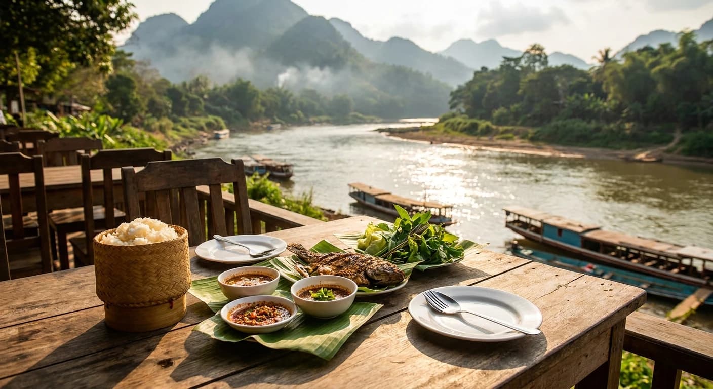 Traditional Lao cuisine with sticky rice and river views