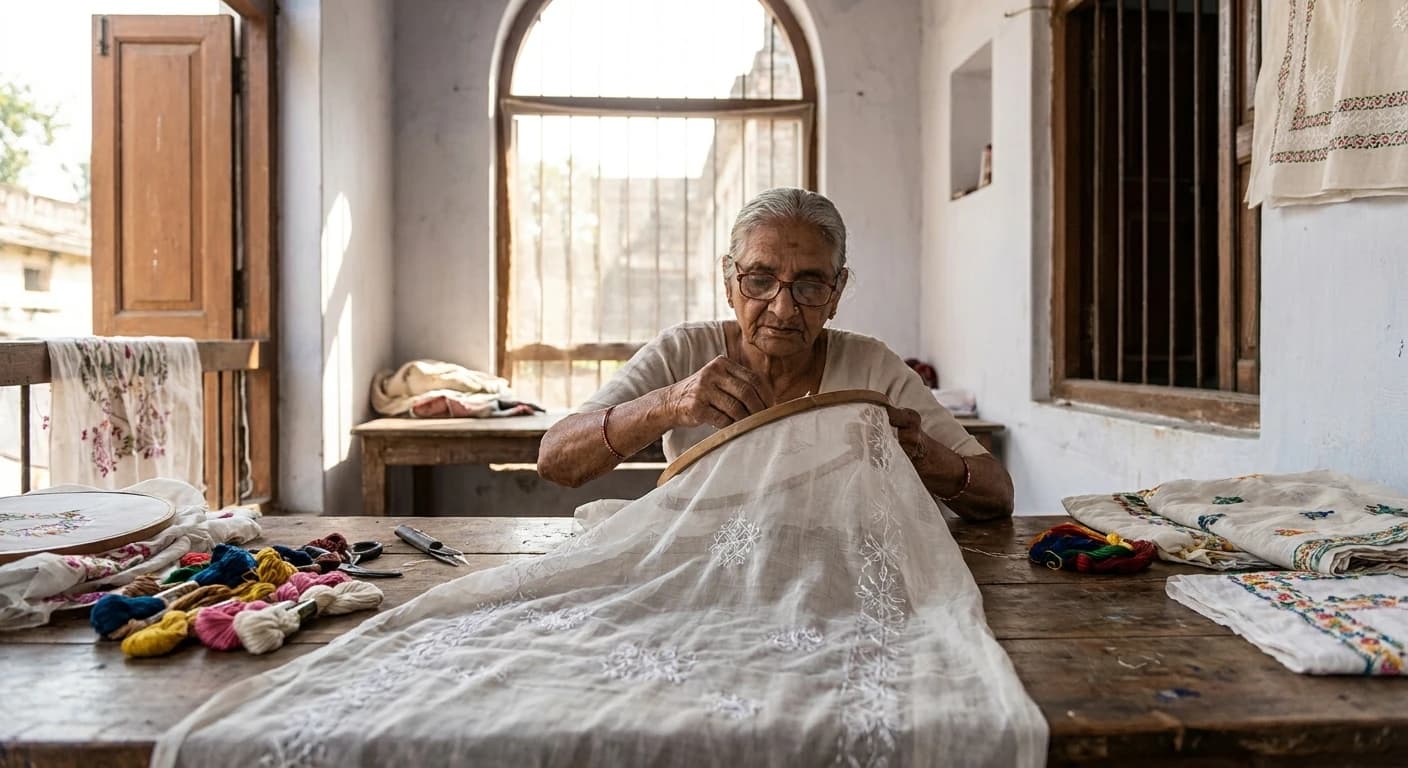 Artisan creating intricate Lucknawi chikan embroidery on fine muslin fabric