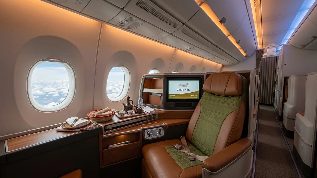 Lie-flat business class cabin on a flight to Lusaka