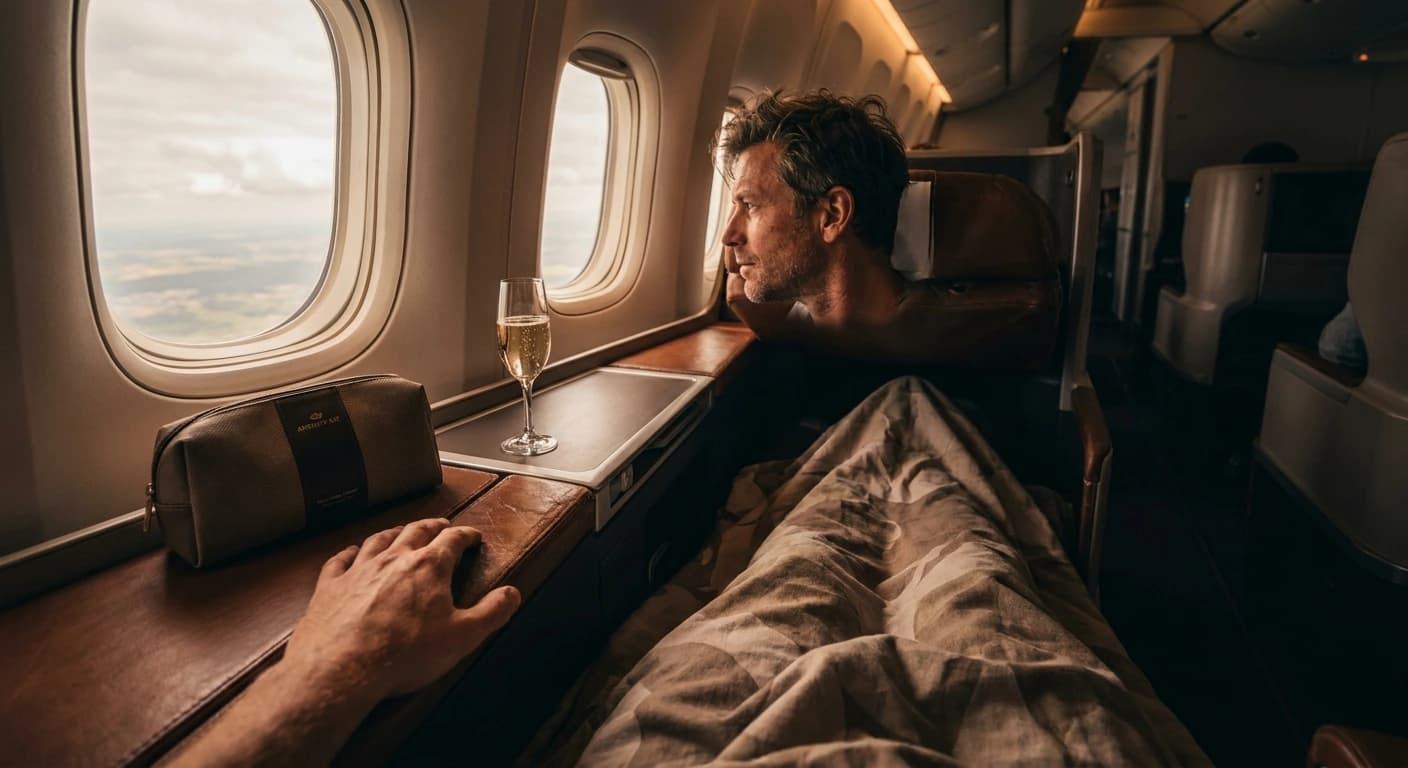 Lufthansa business class lie-flat cabin with premium amenities on transatlantic route