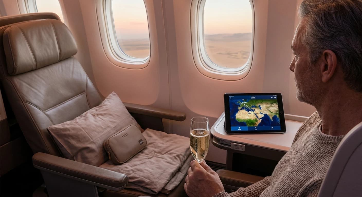 Business class lie-flat suite with premium bedding and amenity kit on a long-haul flight to Egypt