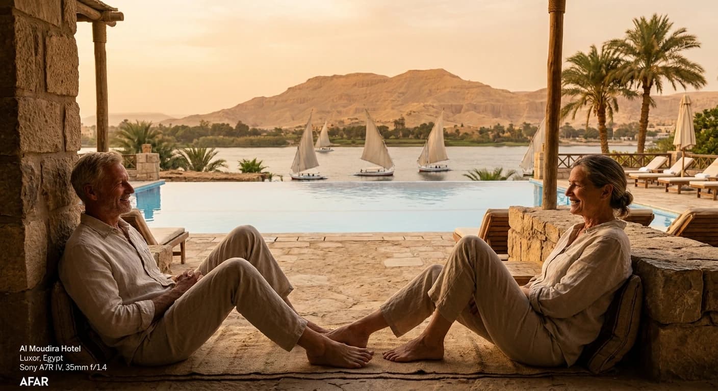 Luxury Nile-side hotel terrace and felucca sailing at sunset in Luxor, Egypt