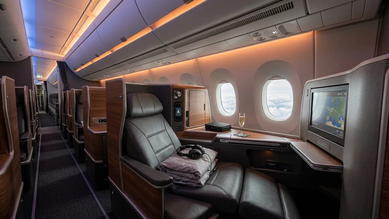 Air Canada business class cabin with lie-flat suite and premium amenities