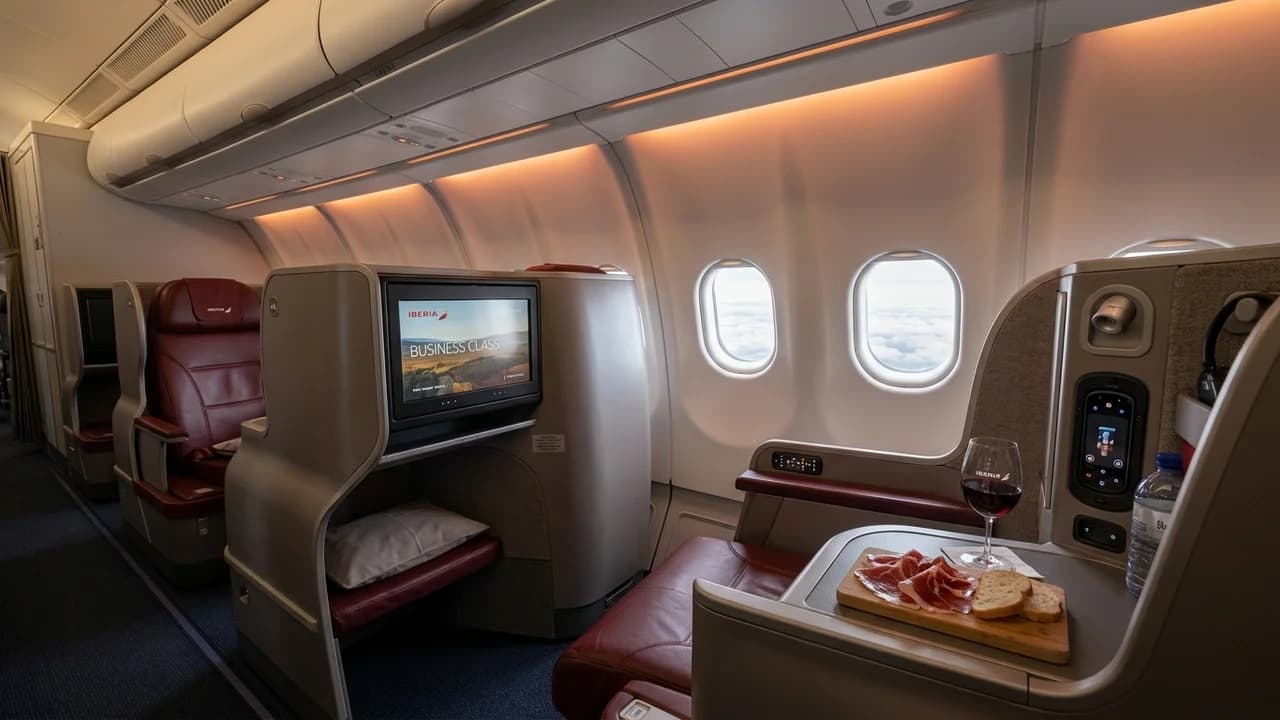 Iberia business class cabin with lie-flat suite and premium amenities