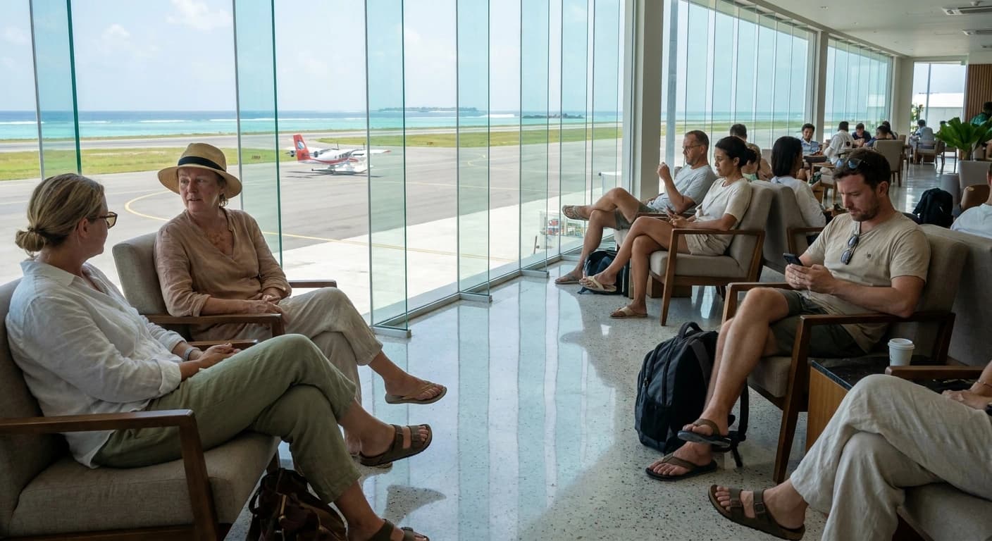Velana International Airport Maldives with seaplane terminal and turquoise lagoon