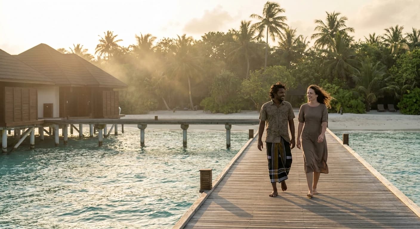 Overwater villas and turquoise lagoon at a luxury Maldives resort at sunrise
