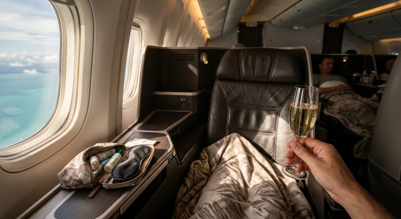Qatar Airways Qsuite business class cabin with lie-flat bed and privacy doors