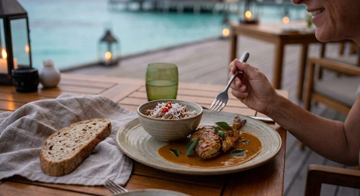 Overwater dining pavilion at sunset with Indian Ocean views in the Maldives
