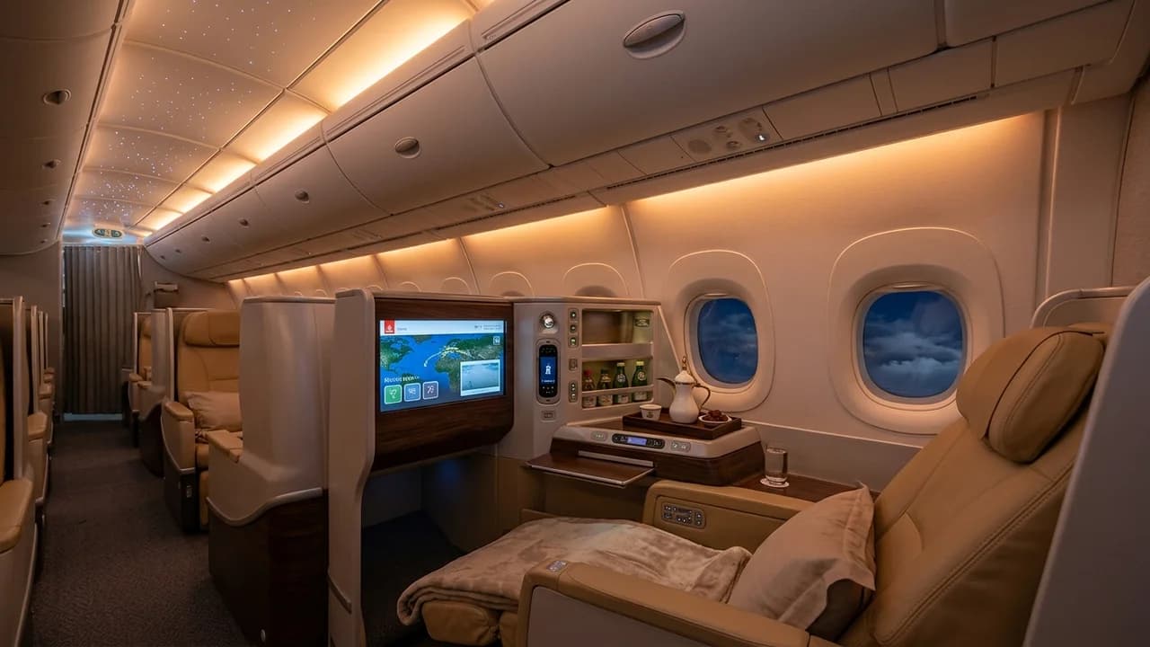 Emirates business class cabin with lie-flat suite and premium amenities