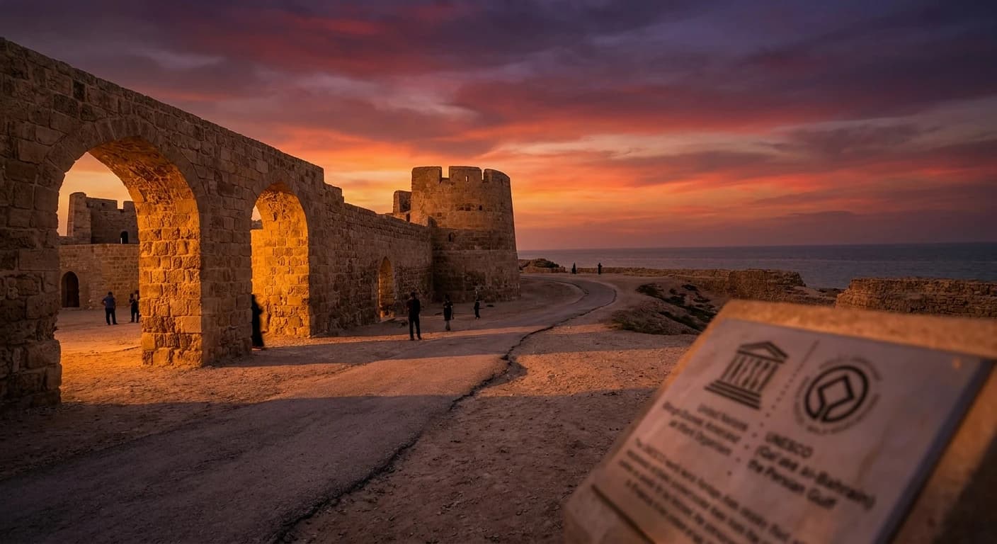 Bahrain Fort UNESCO World Heritage site at sunset