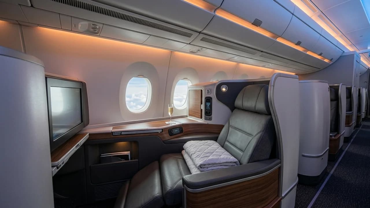 Philippine Airlines business class cabin with lie-flat suite and premium amenities
