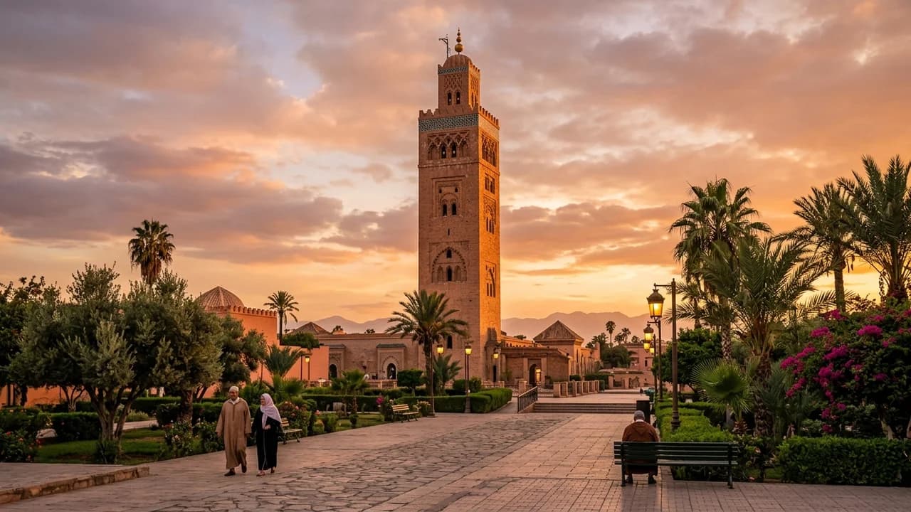Iconic landmark in Marrakech, Morocco at golden hour