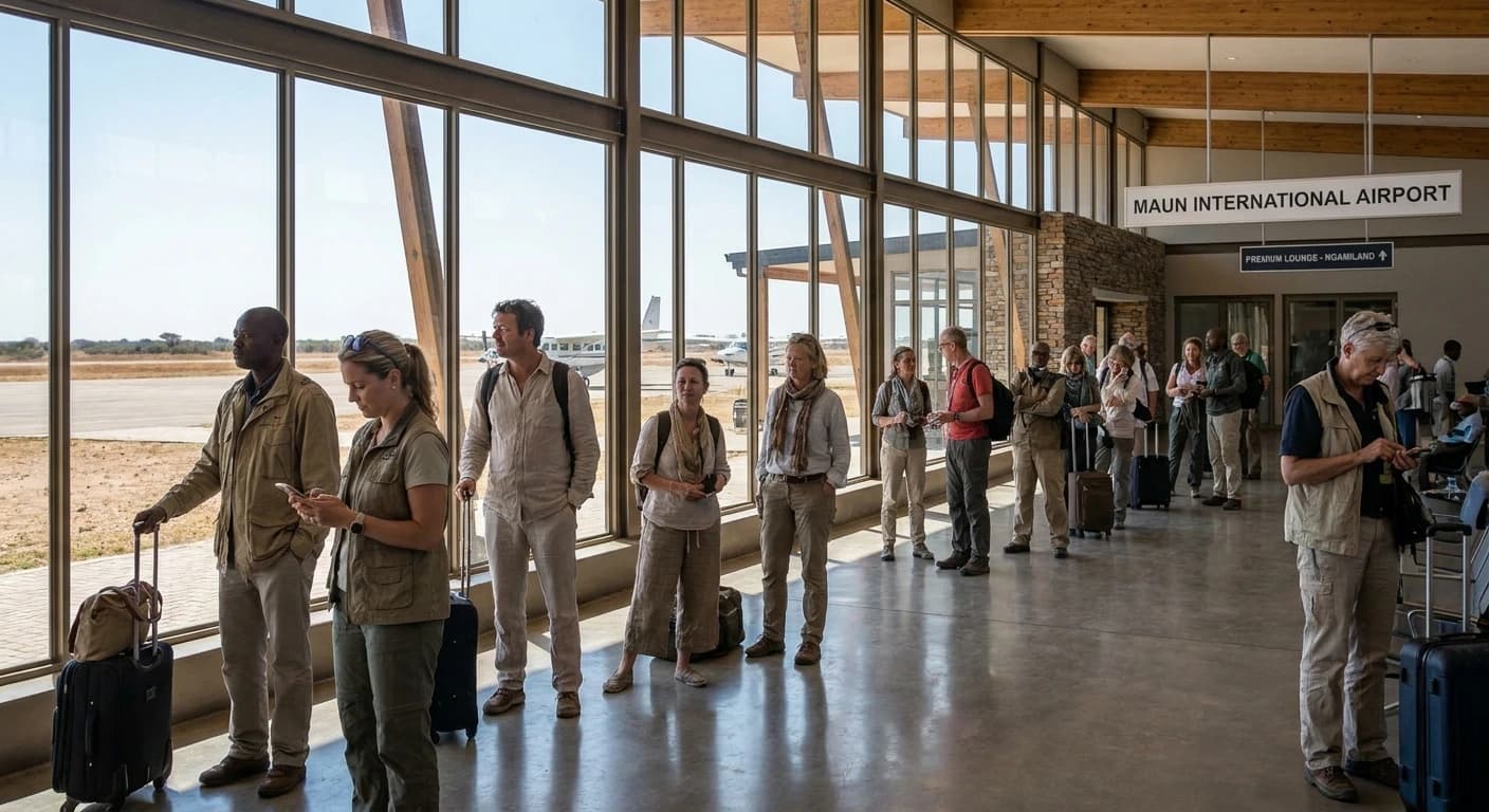 Small regional airport terminal in Maun, Botswana with light aircraft on apron