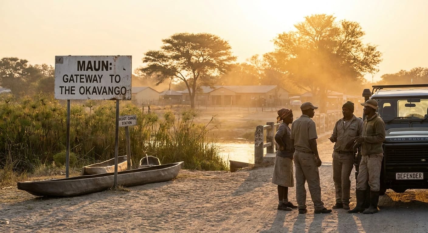 Mokoro canoe gliding through Okavango Delta channels at golden hour with wildlife