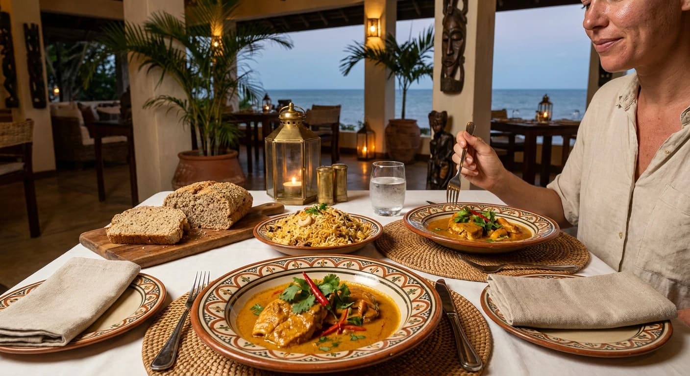 Fresh seafood and Swahili coastal cuisine served at a Mombasa restaurant