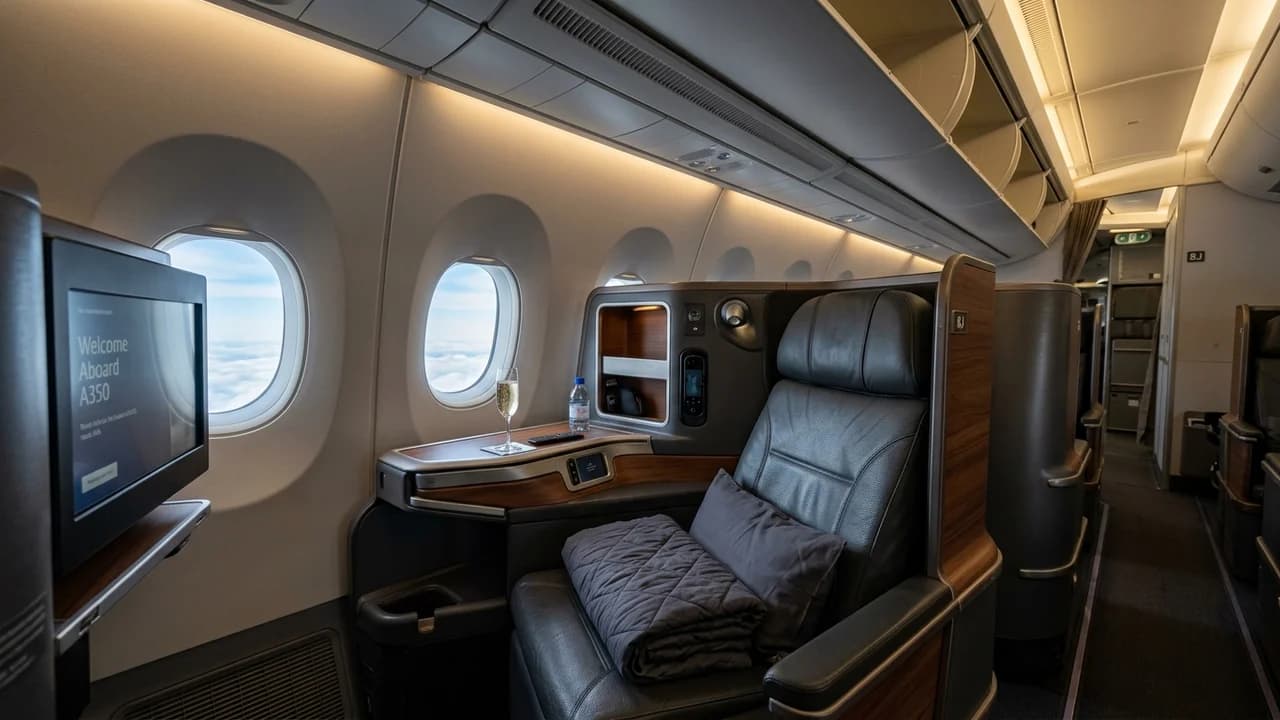 Brussels Airlines business class cabin with lie-flat suite and premium amenities