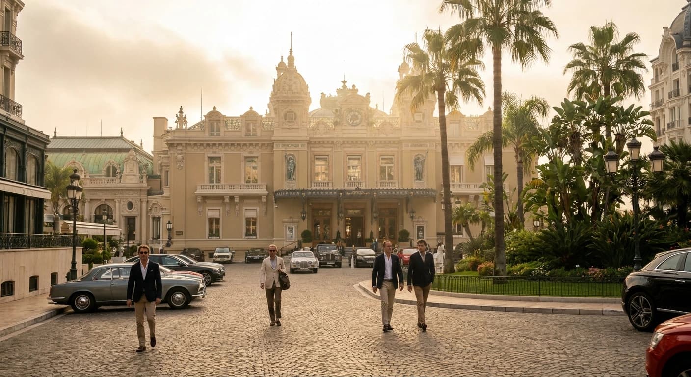 Monte Carlo Casino Belle Époque facade illuminated at dusk with luxury cars