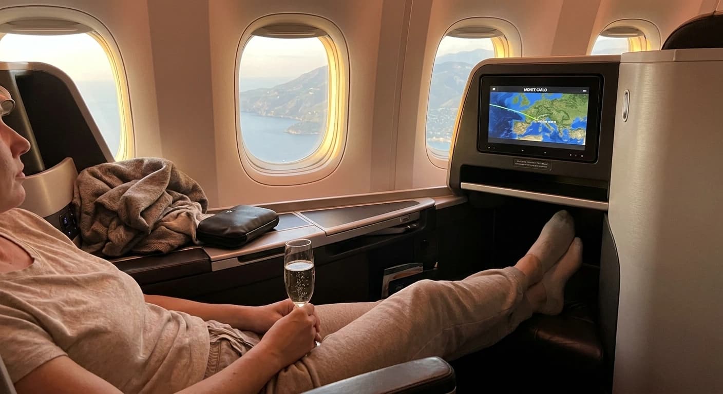 Lie-flat business class cabin with premium suite and champagne service