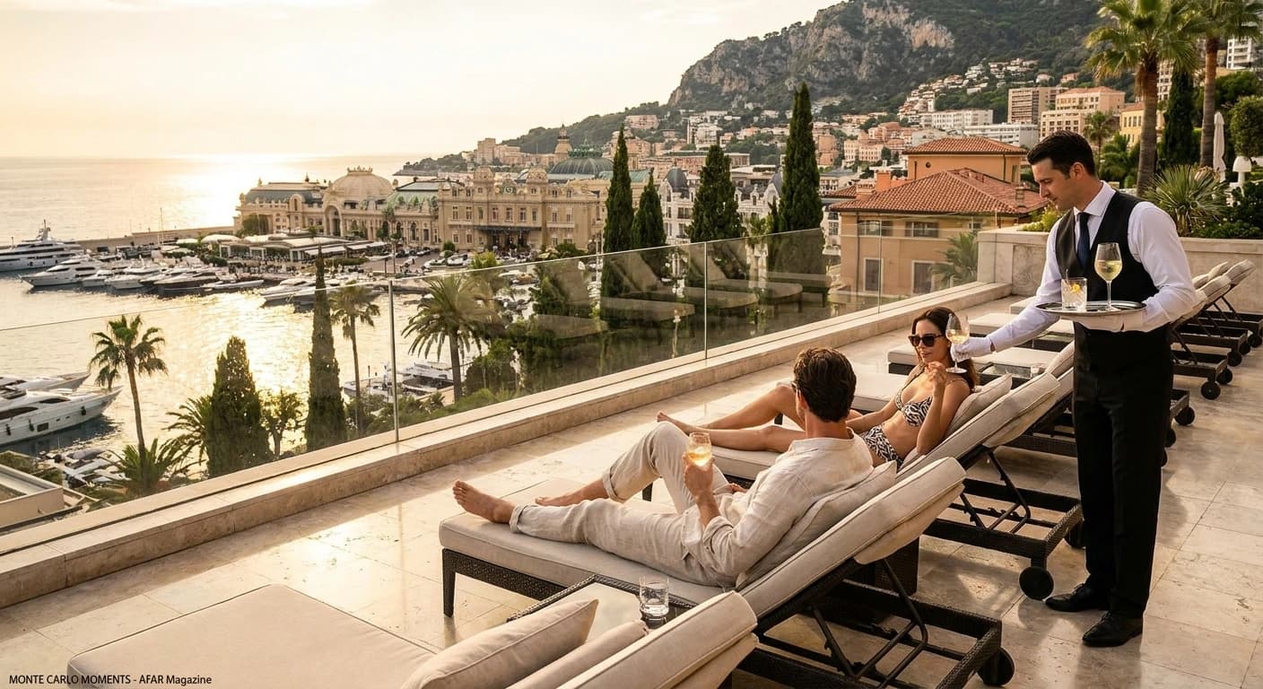 Luxury hotel terrace overlooking Port Hercules superyachts and Mediterranean coastline