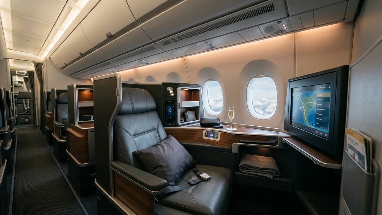 Air India business class cabin with lie-flat suite and premium amenities