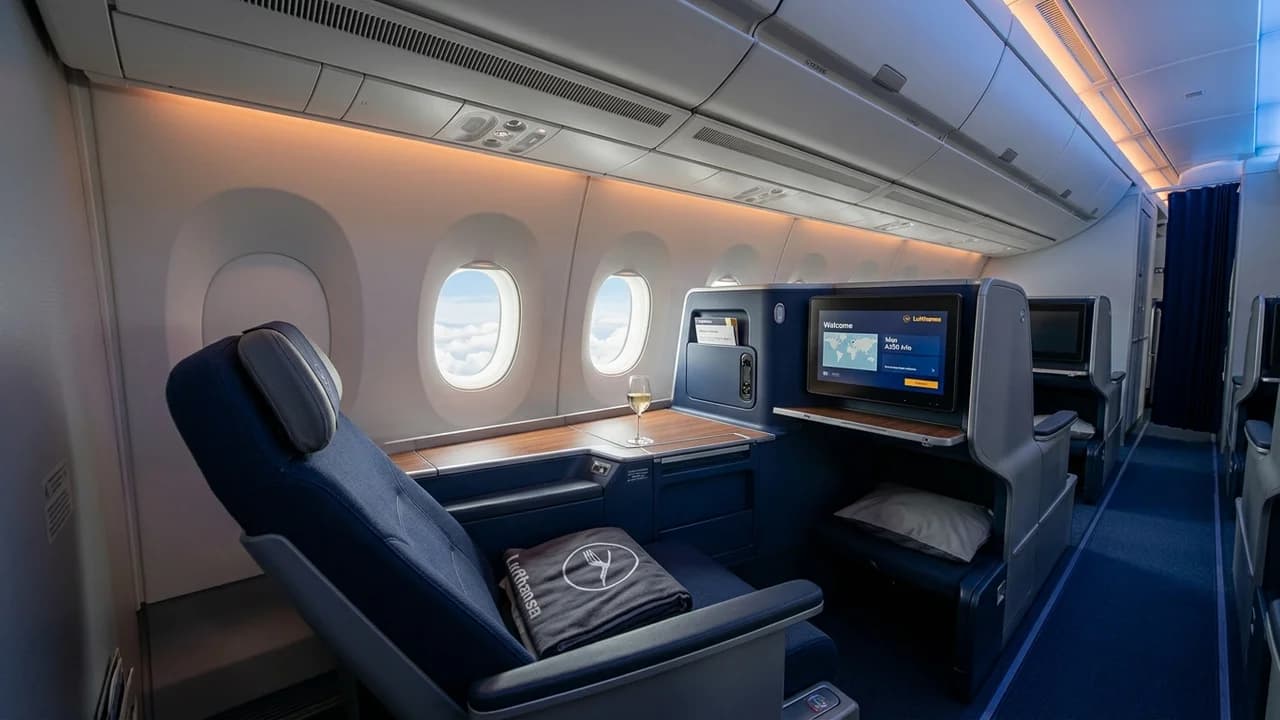 Lufthansa business class cabin with lie-flat suite and premium amenities
