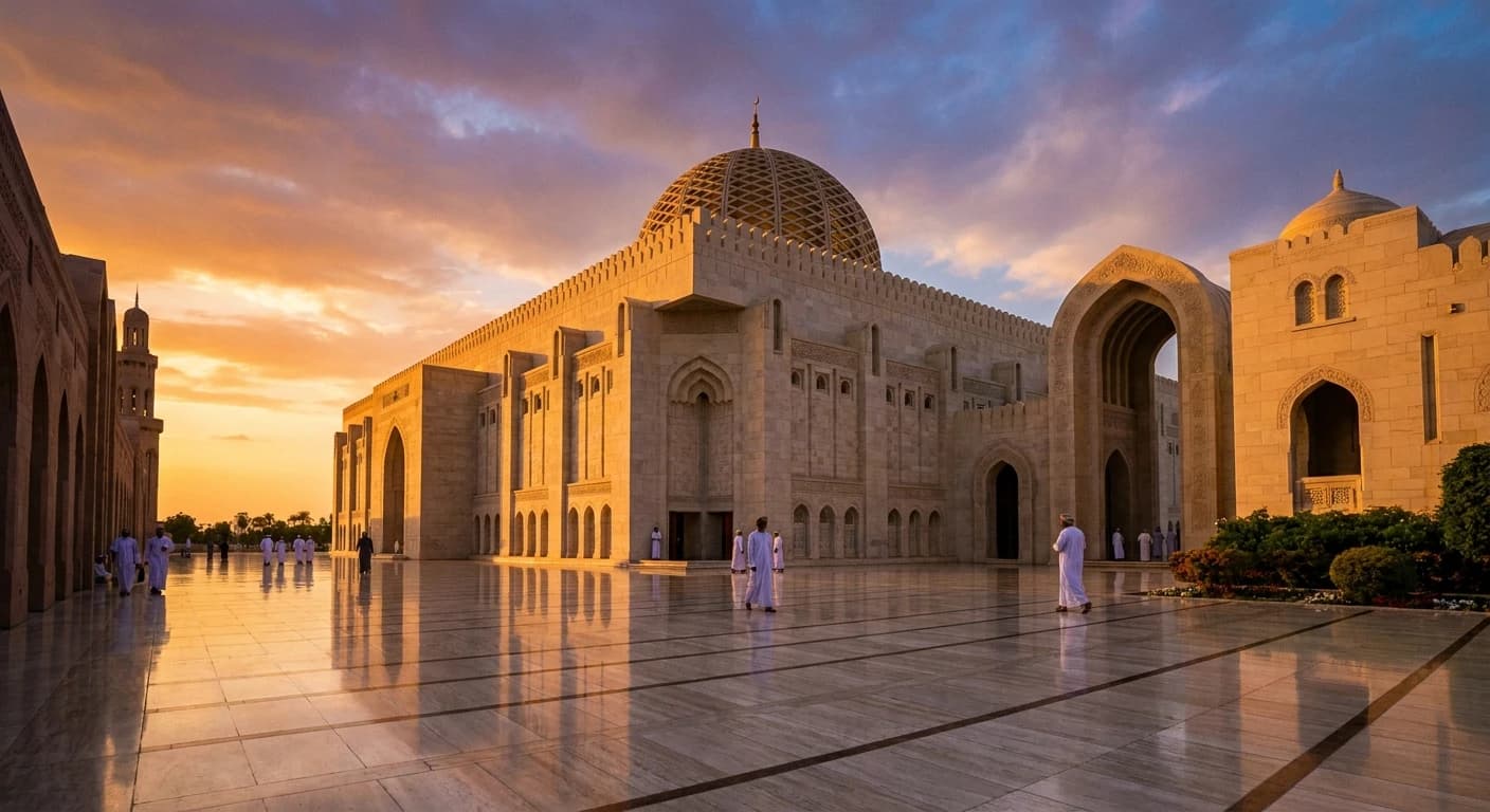Sultan Qaboos Grand Mosque in Muscat at sunset