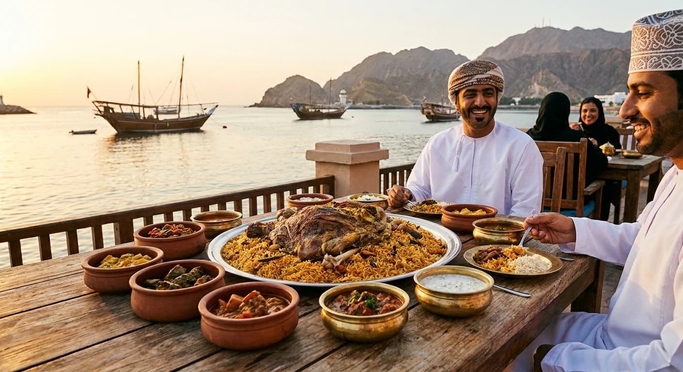 Traditional Omani cuisine served at a waterfront restaurant