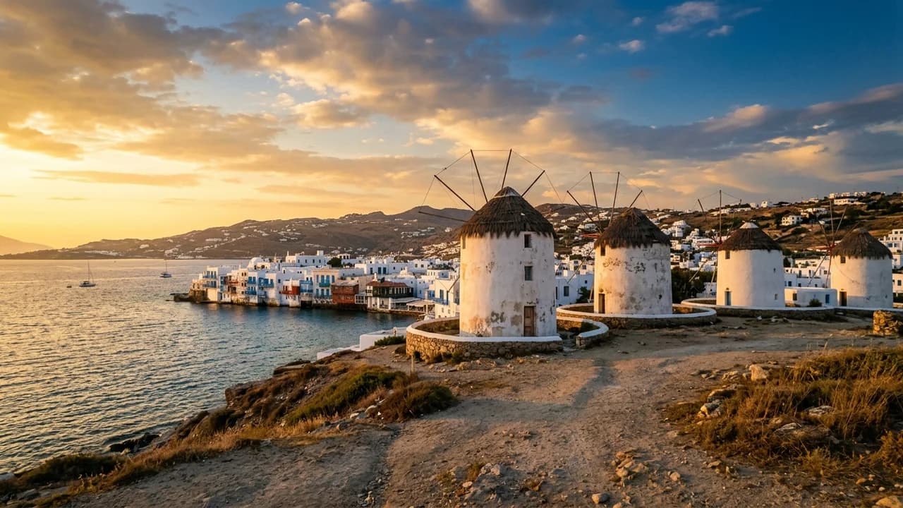 Iconic landmark in Mykonos, Greece at golden hour