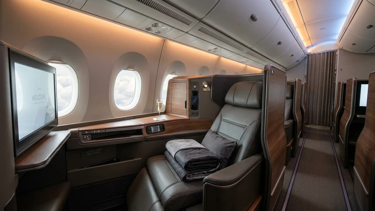 Fiji Airways business class cabin with lie-flat suite and premium amenities