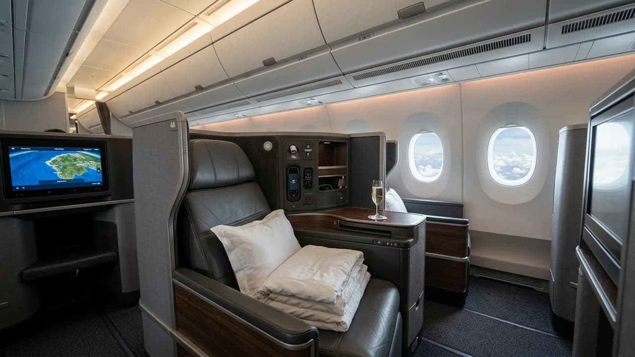 Kenya Airways business class cabin with lie-flat suite and premium amenities
