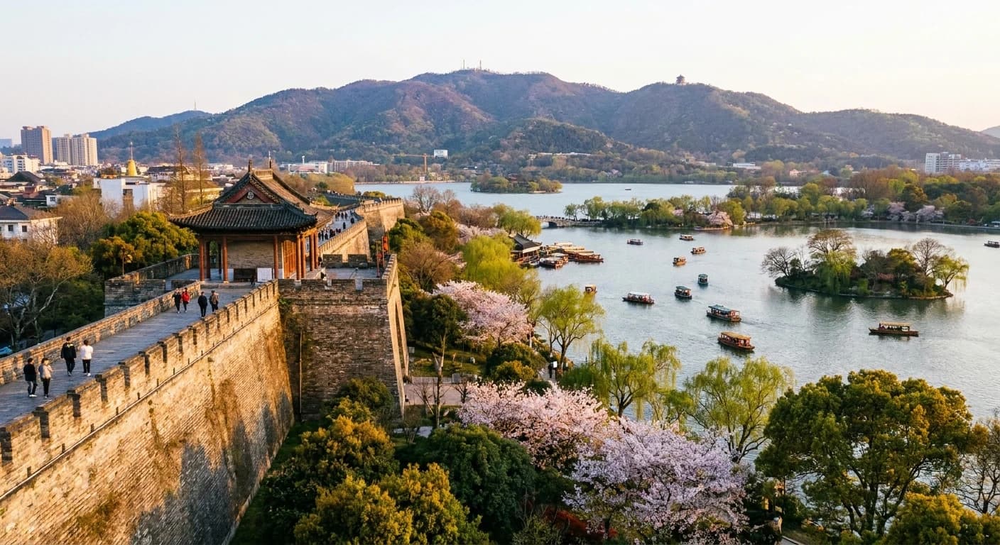 Ming Dynasty city walls of Nanjing with Xuanwu Lake views