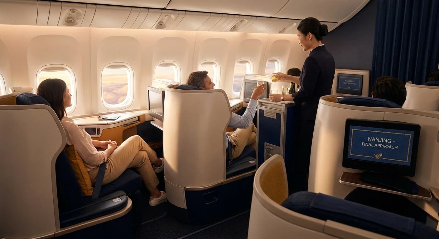 Business class cabin on a long-haul flight serving Nanjing