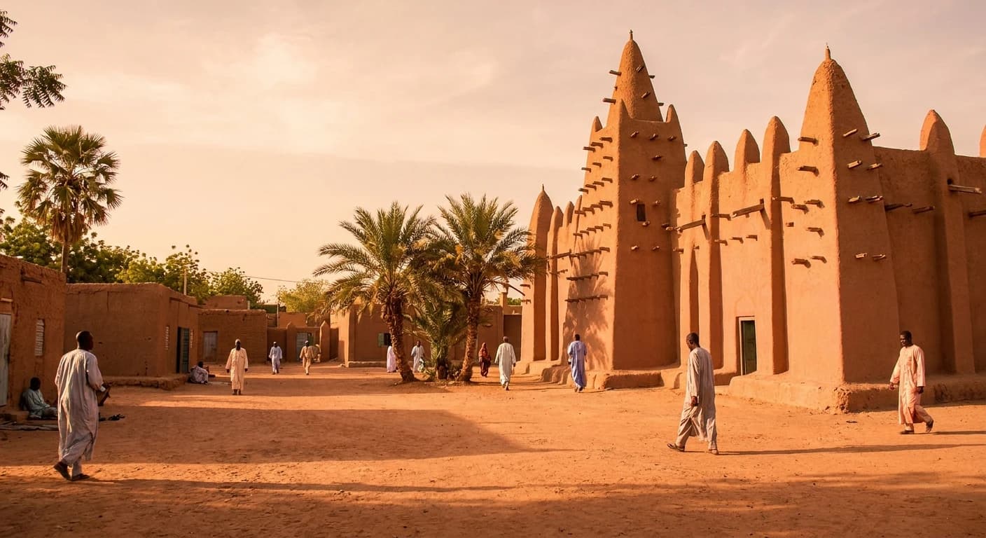 Grand Mosque of Niamey with its distinctive Sudano-Sahelian architecture at golden hour