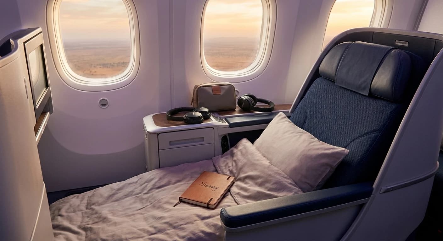 Business class lie-flat seat with premium amenities on a long-haul flight to Niamey