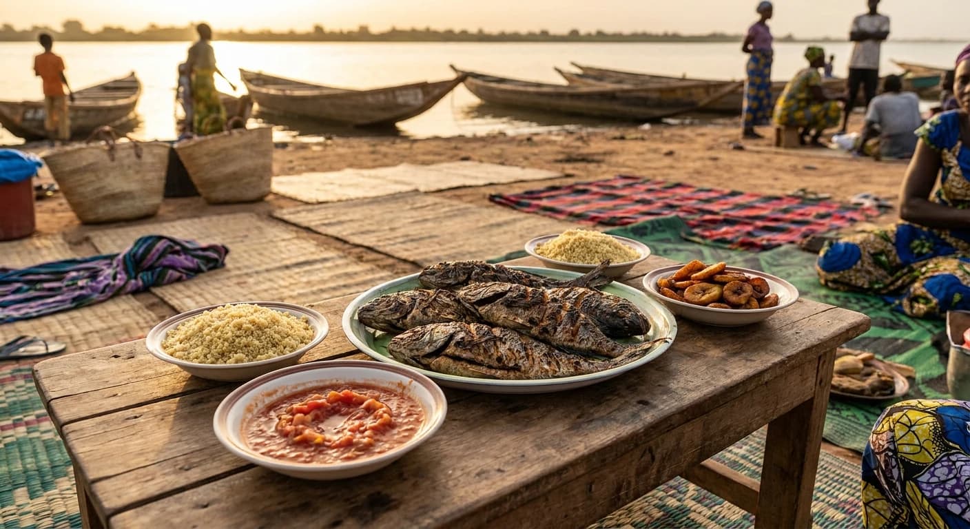 Traditional Nigerien cuisine featuring grilled fish and local specialties served riverside in Niamey