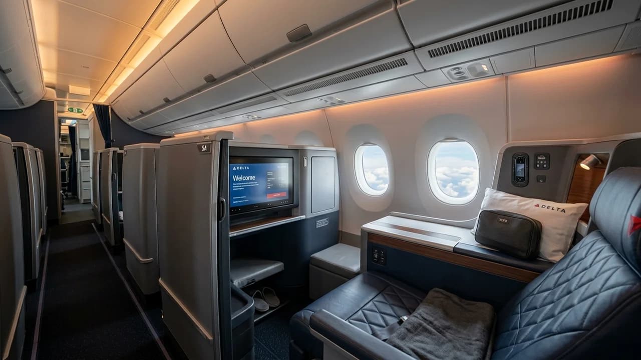 Delta business class cabin with lie-flat suite and premium amenities